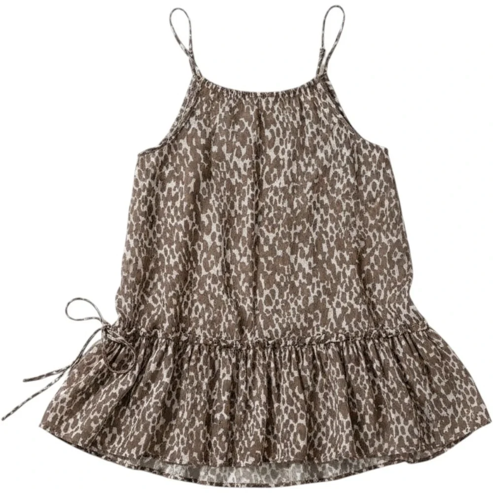 J.Crew Women Top Small Brown Leopard Print Drawstring Halter‎ Gauzy Cinched BOHO